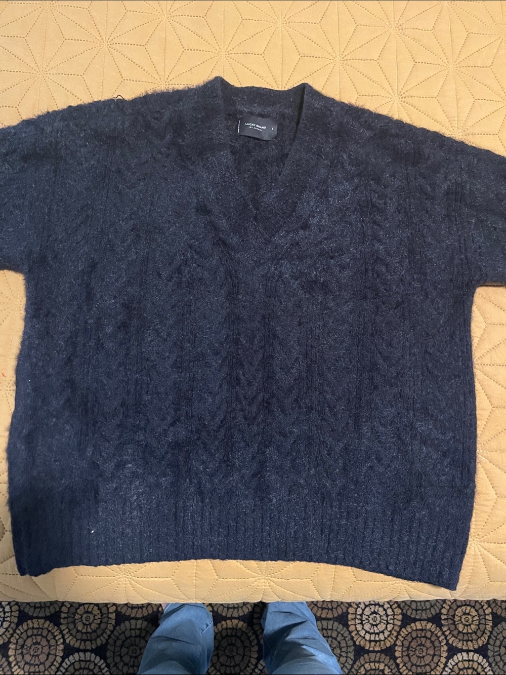 Lucky Brand Black Fuzzy  V-Neck Cable Knit Sweater
